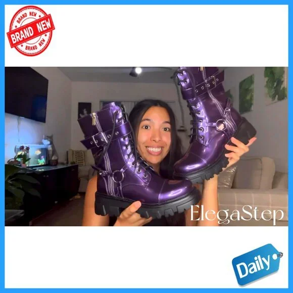 Women's Motorcycle Biker Boots Mid-Calf Combat Steampunk Chunky Heel Lug Sole - Picture 7 of 7